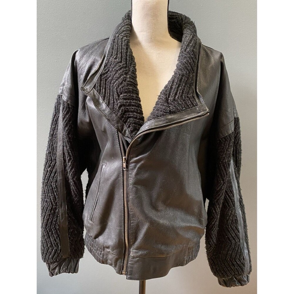 Vintage Bermans 8804 Black Leather & Acrylic Quilted Bomber Jacket Womens Medium